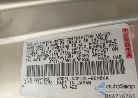 2000 Toyota Echo z USA, uszkodzony, nr VIN JTDBT1235Y0090528